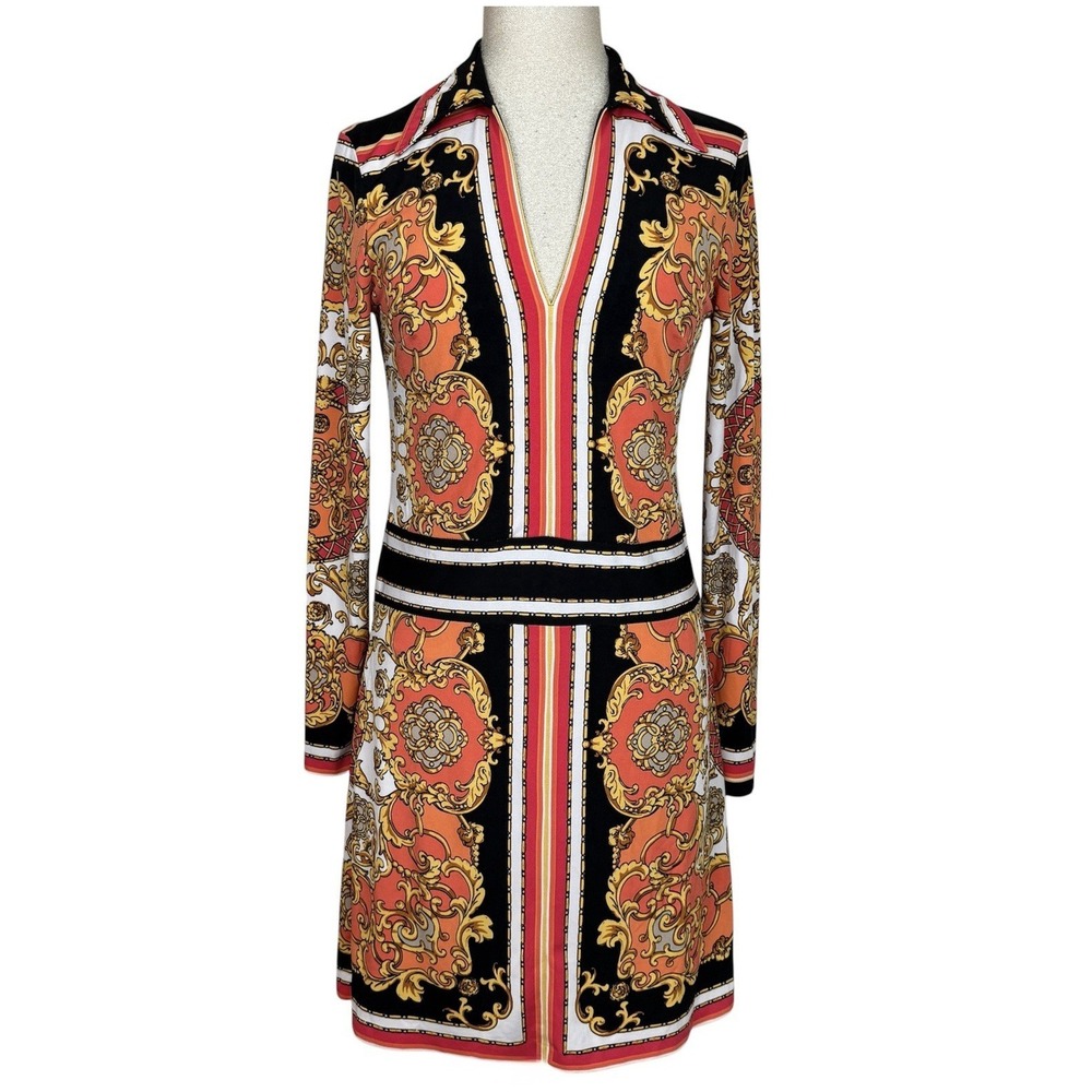 Vtg Y2K Cache Dress Womens M Multicolor Baroque Jersey Long Sleeve Sheath Mini